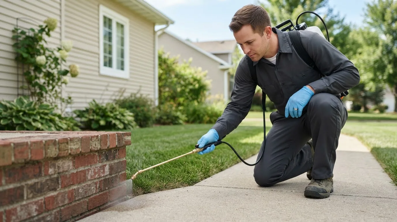 Pest control technician treating a home near Cortland, OH